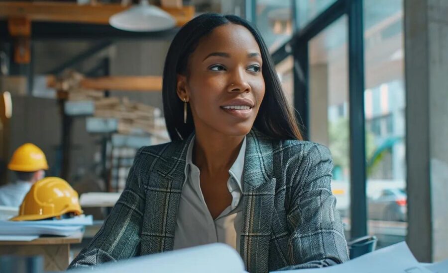 a confident female financial advisor in a sleek, modern office engages with a diverse group of real estate investors and small business owners, surrounded by property blueprints, construction helmets, and financial documents, with the phrase ‘think outside the bank’ elegantly displayed in a clean palette of navy, gold, and white, conveying empowerment and innovative approaches to commercial real estate financing.