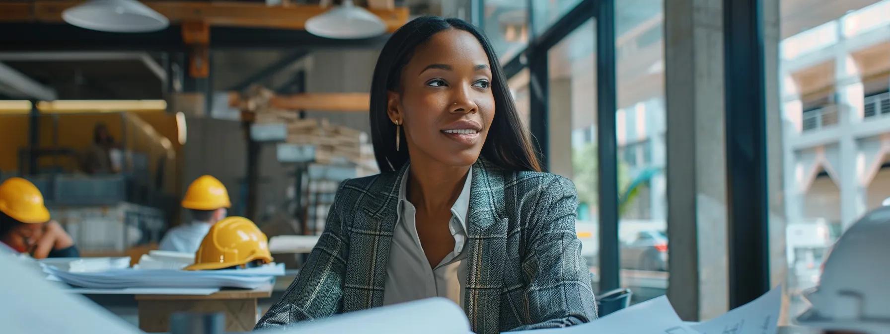 a confident female financial advisor in a sleek, modern office engages with a diverse group of real estate investors and small business owners, surrounded by property blueprints, construction helmets, and financial documents, with the phrase ‘think outside the bank’ elegantly displayed in a clean palette of navy, gold, and white, conveying empowerment and innovative approaches to commercial real estate financing.