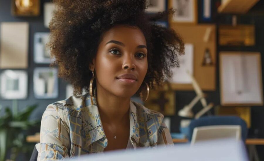 a confident female financial advisor guides diverse clients—real estate investors and small business owners—through sleek digital budgeting tools in a modern office adorned with property blueprints and financial documents, all under the bold motto ‘think outside the bank’ in a sophisticated navy, gold, and white color scheme.