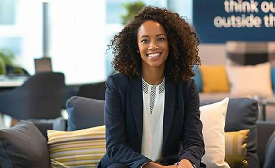 a confident female financial advisor, surrounded by diverse clients—real estate investors and small business owners—in a sleek, modern office adorned with property blueprints and financial documents, embodies empowerment and innovation in a striking display of professionalism, all against a clean palette of navy, gold, and white, with the phrase “think outside the bank” elegantly showcased.
