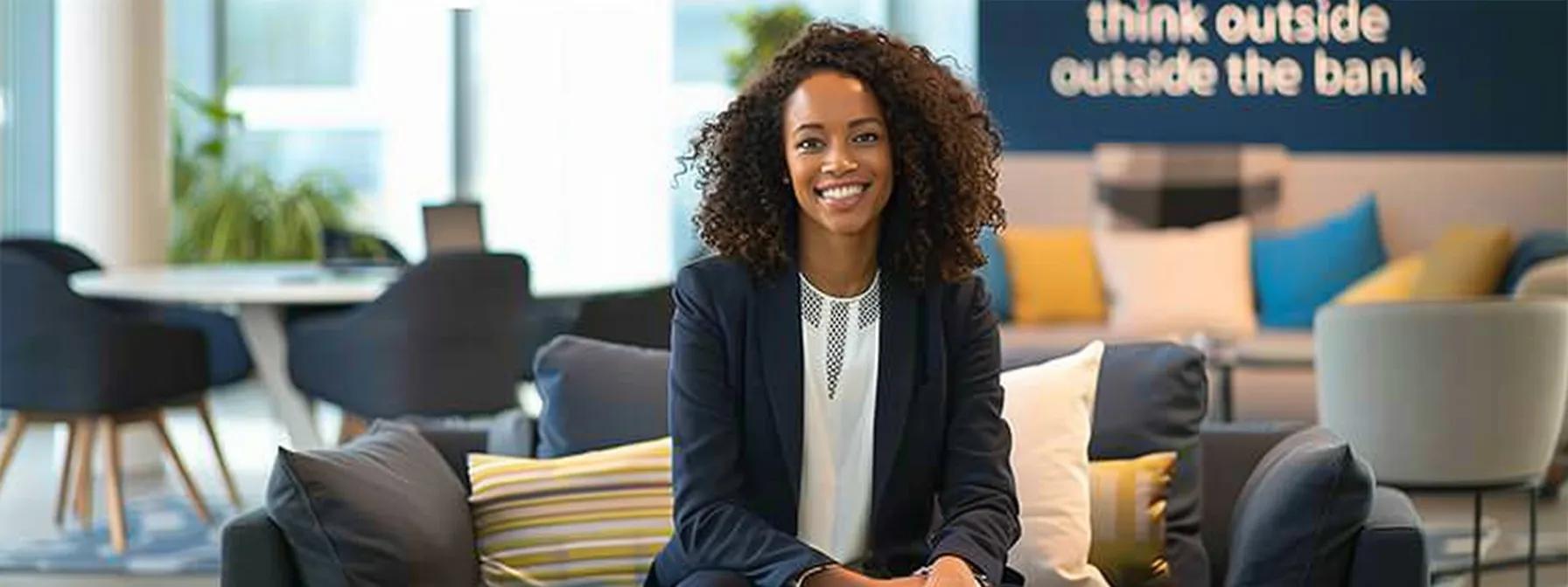 Confident female financial advisor sitting on a couch in a modern office, promoting EJN Financial's motto "think outside the bank," surrounded by colorful cushions.