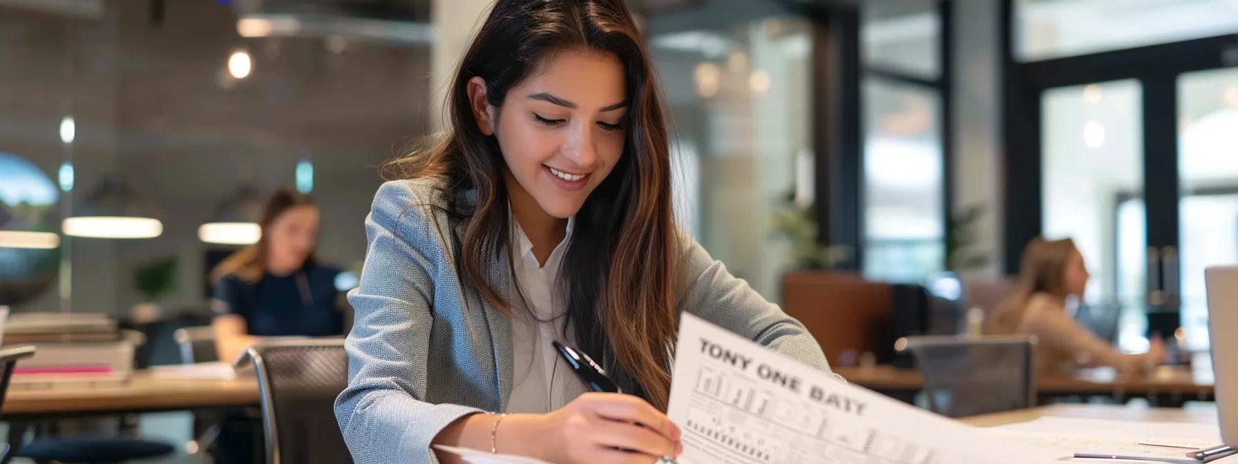 Smiling woman in a modern office reviewing financial documents and taking notes, illustrating professional financial consulting and investment strategies.