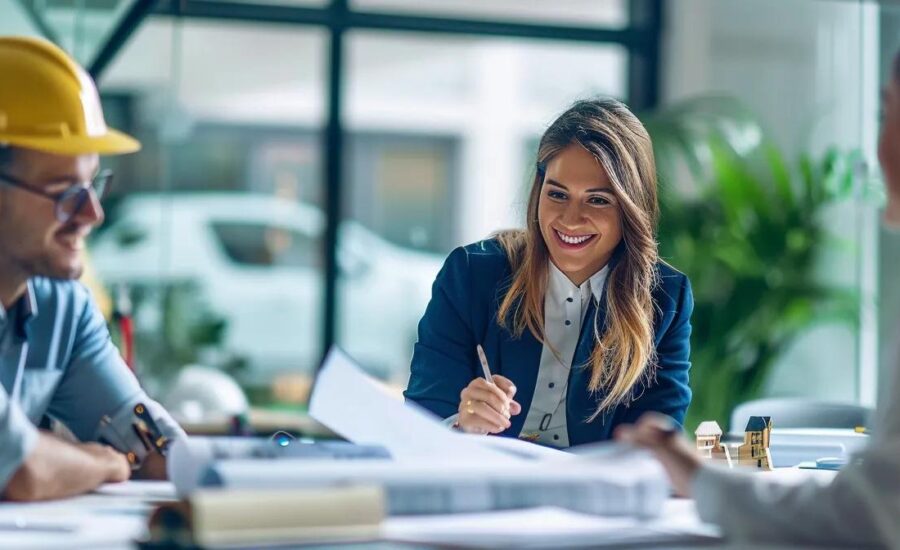 in a sleek, modern office adorned in navy, gold, and white, a confident female financial advisor engages with diverse clients—real estate investors and small business owners—surrounded by property blueprints, construction helmets, and financial documents, all underscored by the elegant phrase ‘think outside the bank’.