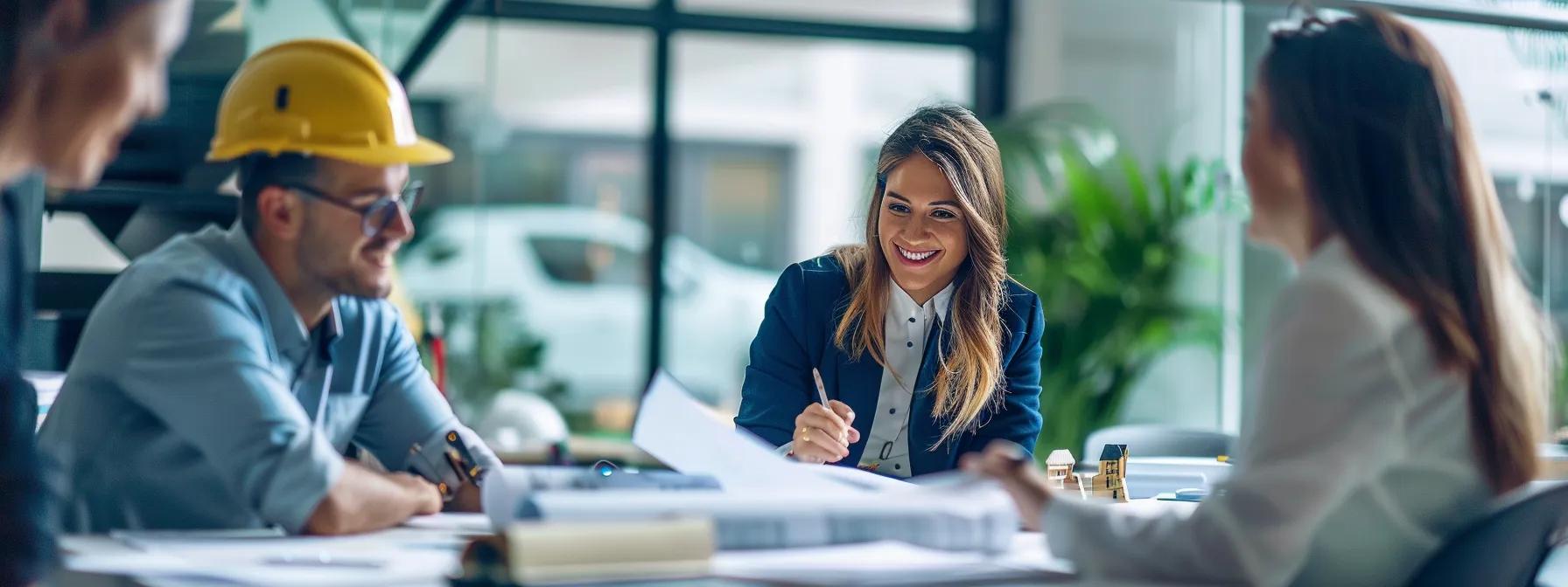 Group of professionals discussing real estate financing strategies in a modern office, featuring a woman in a suit and a man wearing a hard hat, with blueprints and documents on the table.