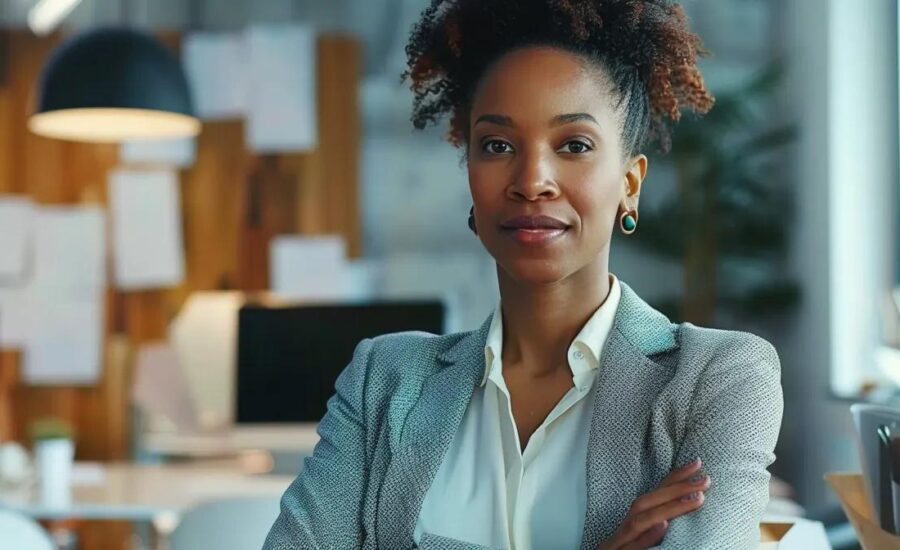 in a sleek, modern office adorned with blueprints and financial documents, a confident female financial advisor engages with diverse clients, embodying empowerment and innovation, while the phrase ‘think outside the bank’ elegantly highlights the atmosphere of flexible real estate investment strategies.