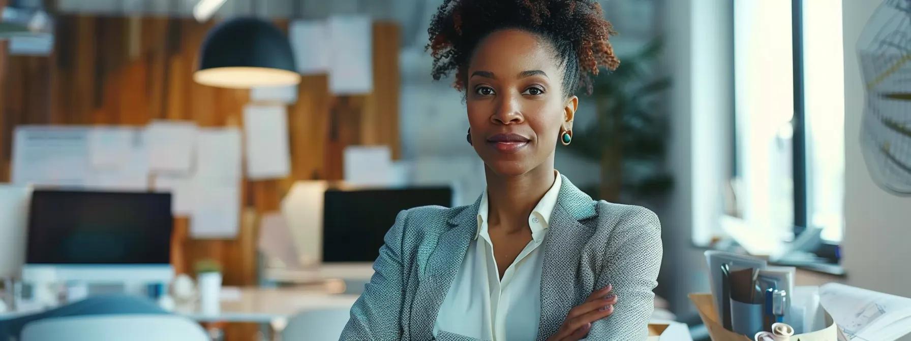 Professional woman in a modern office setting, embodying confidence and expertise in financial strategies and business funding.