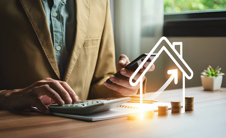 Investor in Florida calculating fix and flip loan strategy with coins, documents, and rising property value graphic