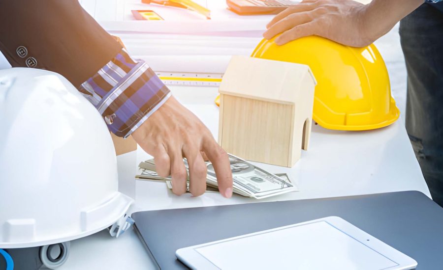 Construction lenders Florida—project financing meeting with cash, blueprints, and model home on table