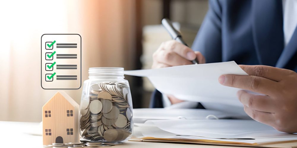 Hard money mortgage lenders—home financing checklist with coins, house model, and loan documents